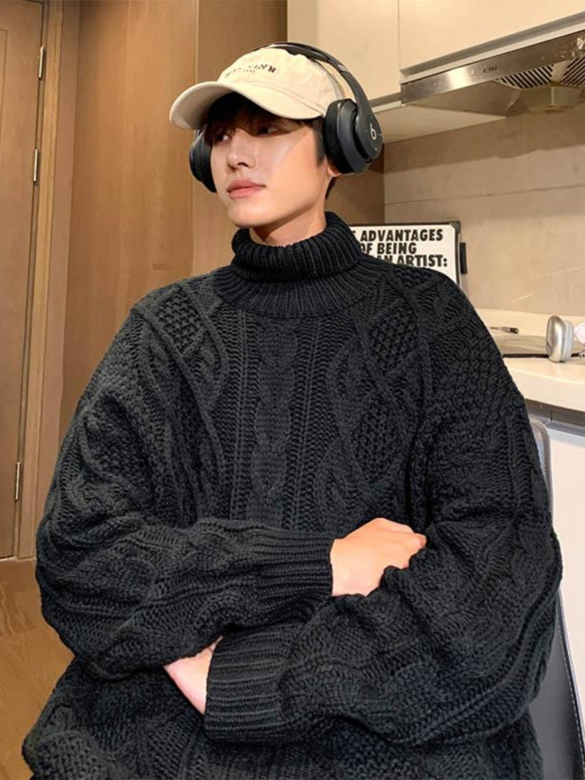 Pull Col Roulé Femme Jacquard Vert - Style Japonais Rétro Vintage Élégant