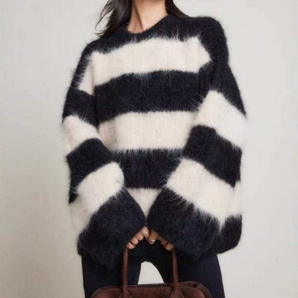 Women's Striped Crew Neck Sweater - Soft Faux Mink Fur