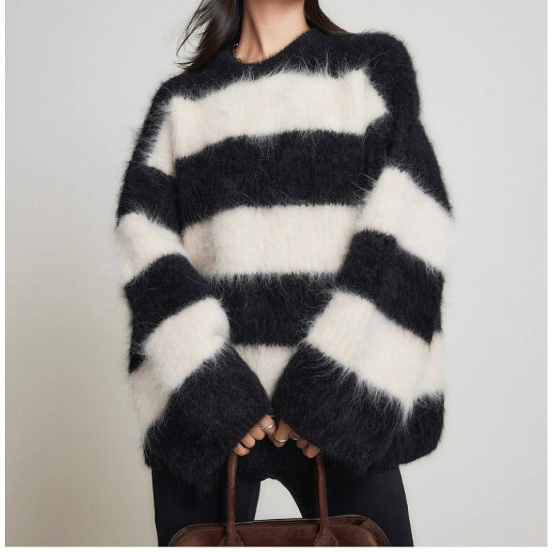 Women's Striped Crew Neck Sweater - Soft Faux Mink Fur