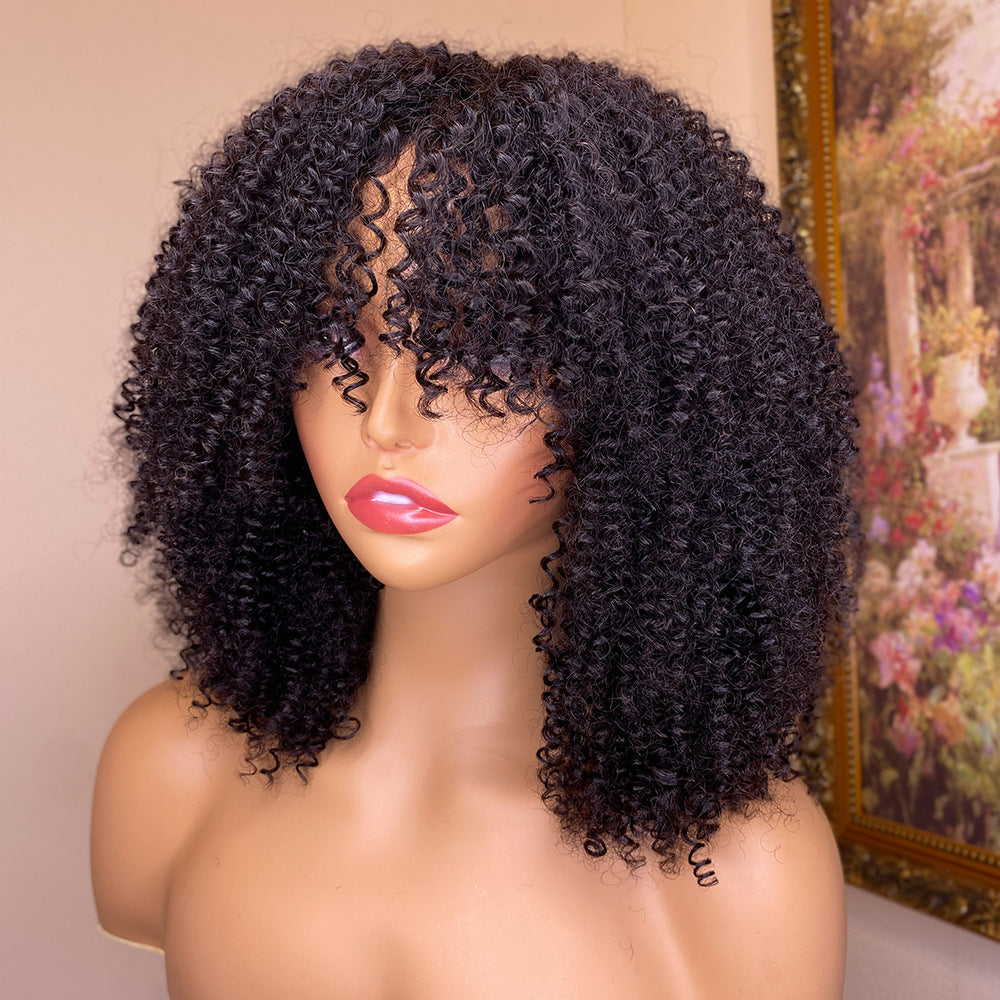 Kinky Curly Human Hair Wig with Bangs - 150% and 180% Density