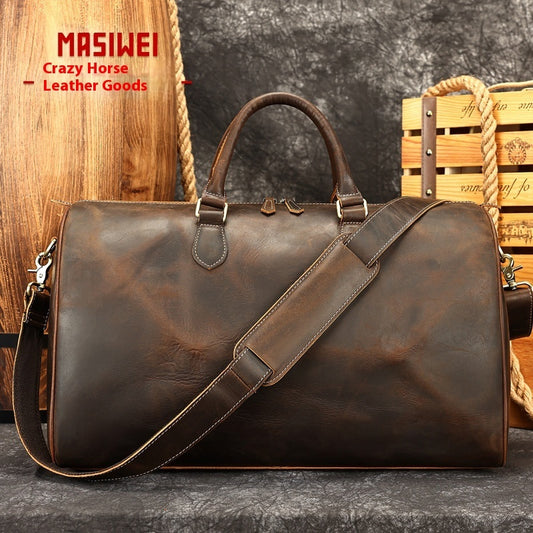 Bolso de viaje vintage de cuero de gran capacidad con bandolera