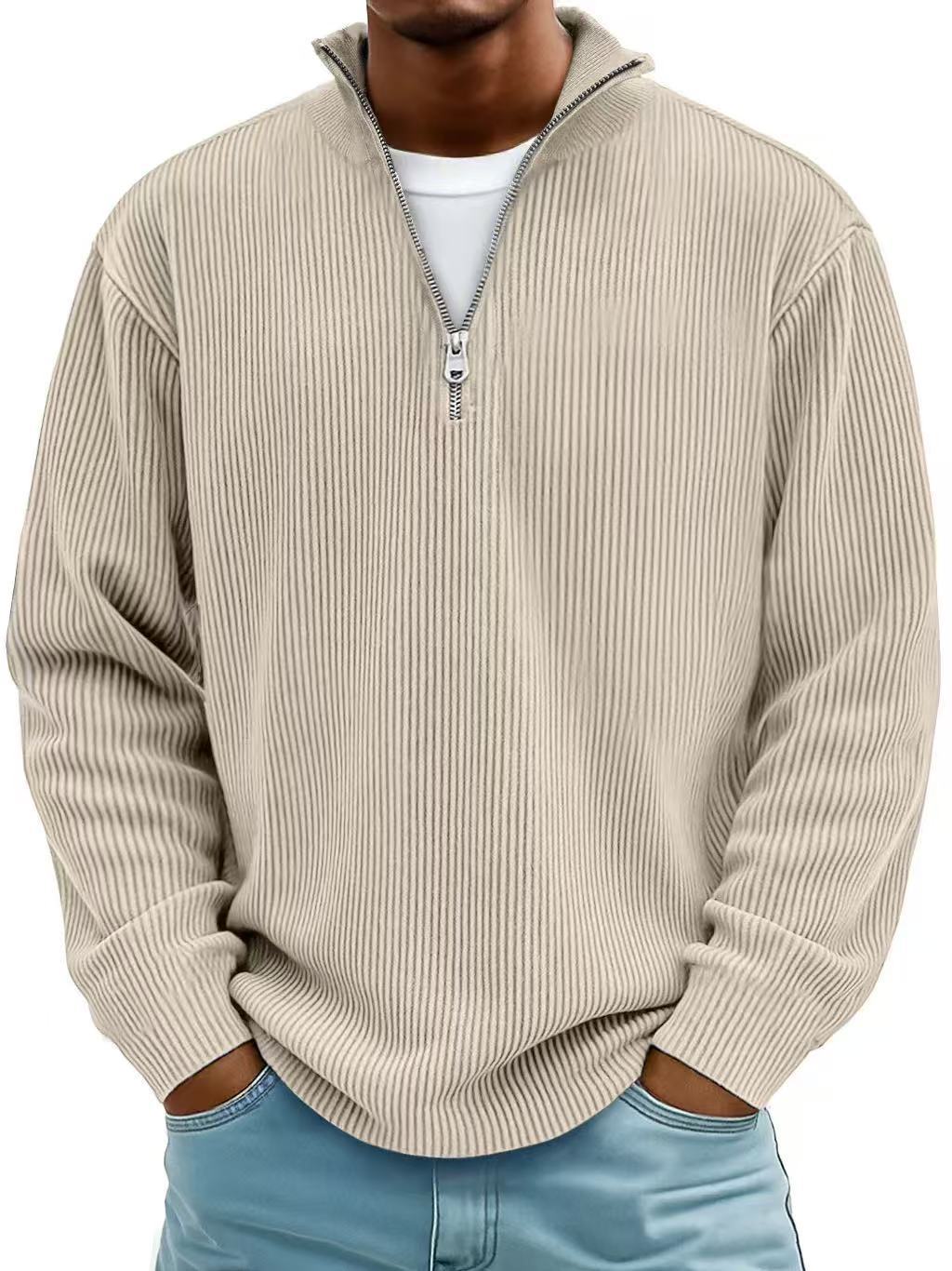 Men's Zip-Up Stand-Up Collar Corduroy Long Sleeve Sweater