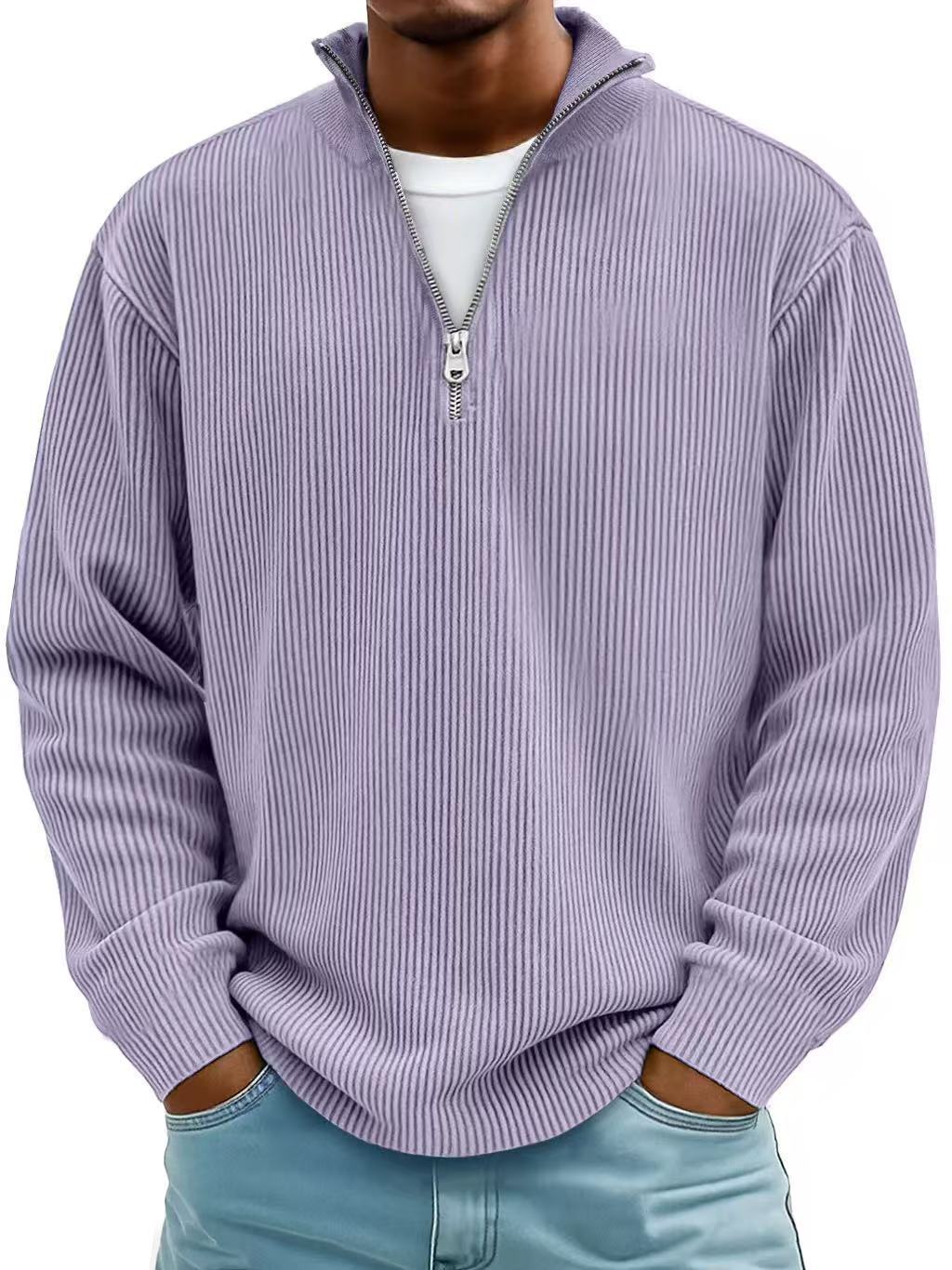 Men's Zip-Up Stand-Up Collar Corduroy Long Sleeve Sweater