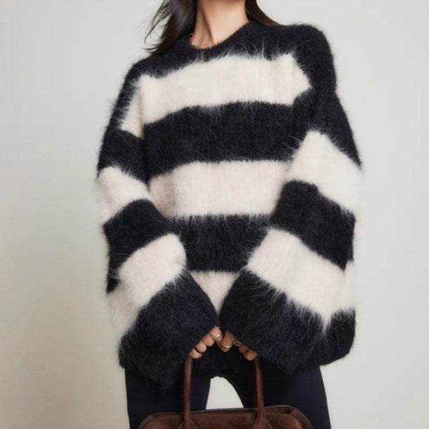 Women's Striped Crew Neck Sweater - Soft Faux Mink Fur