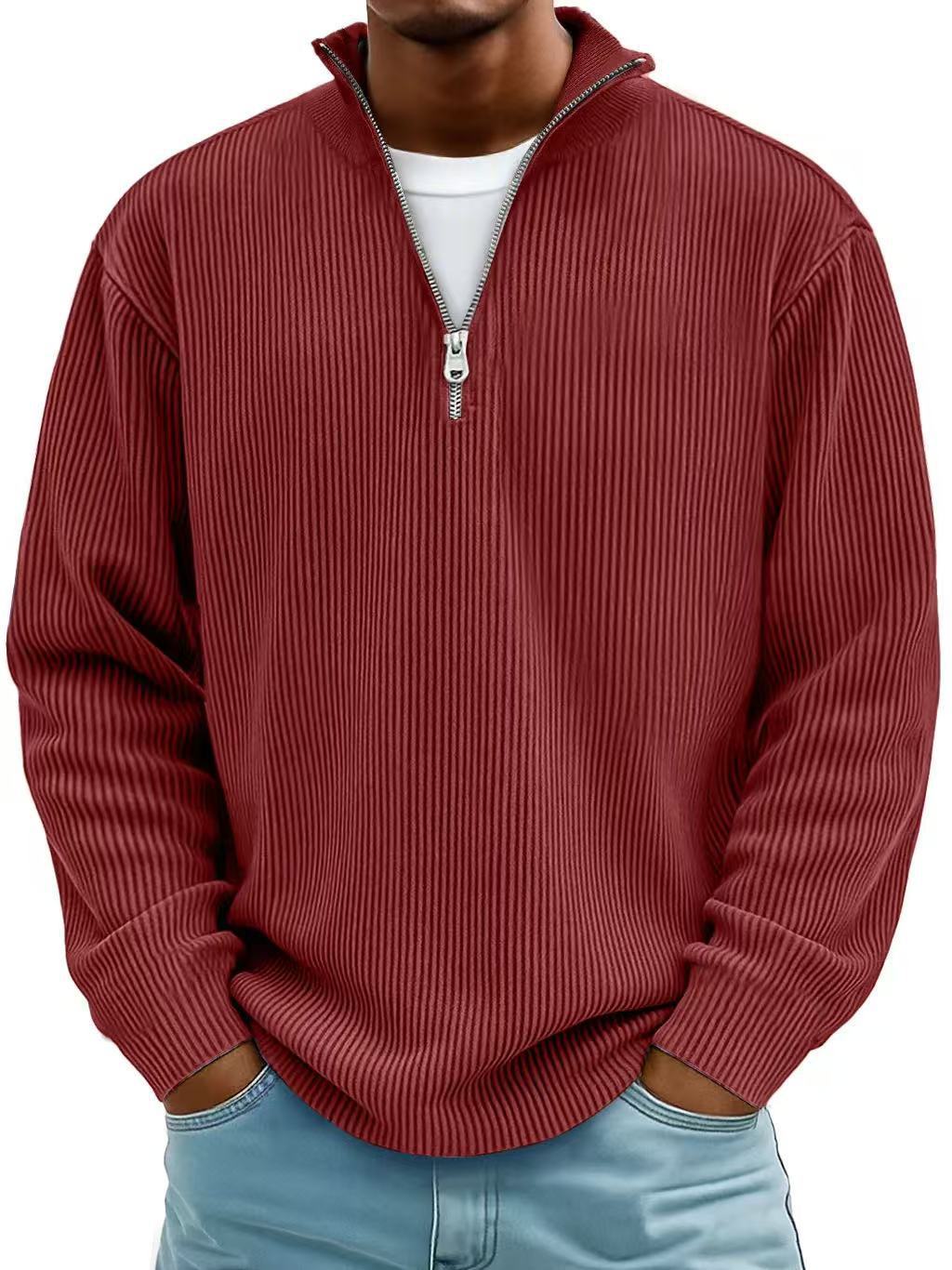 Men's Zip-Up Stand-Up Collar Corduroy Long Sleeve Sweater