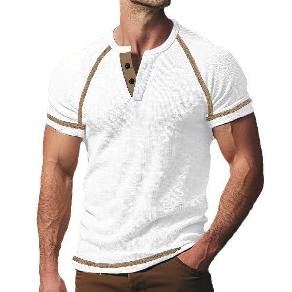 T-shirt Homme Col Rond Waffle Épais - Henley Casual Manches Courtes