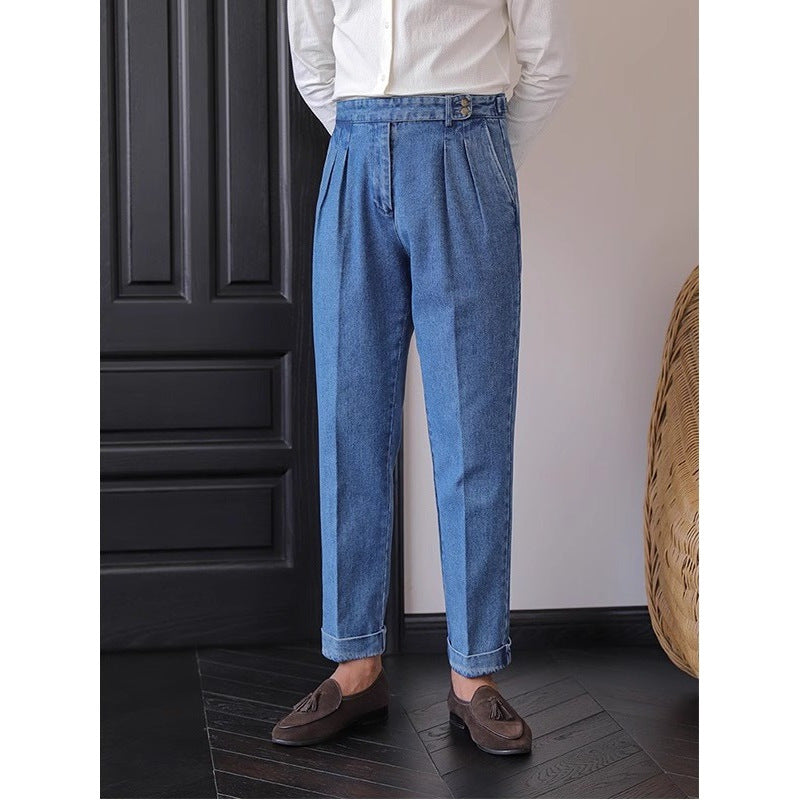 Jean Homme Taille Haute Bleu - Pantalon Droit Style Britannique