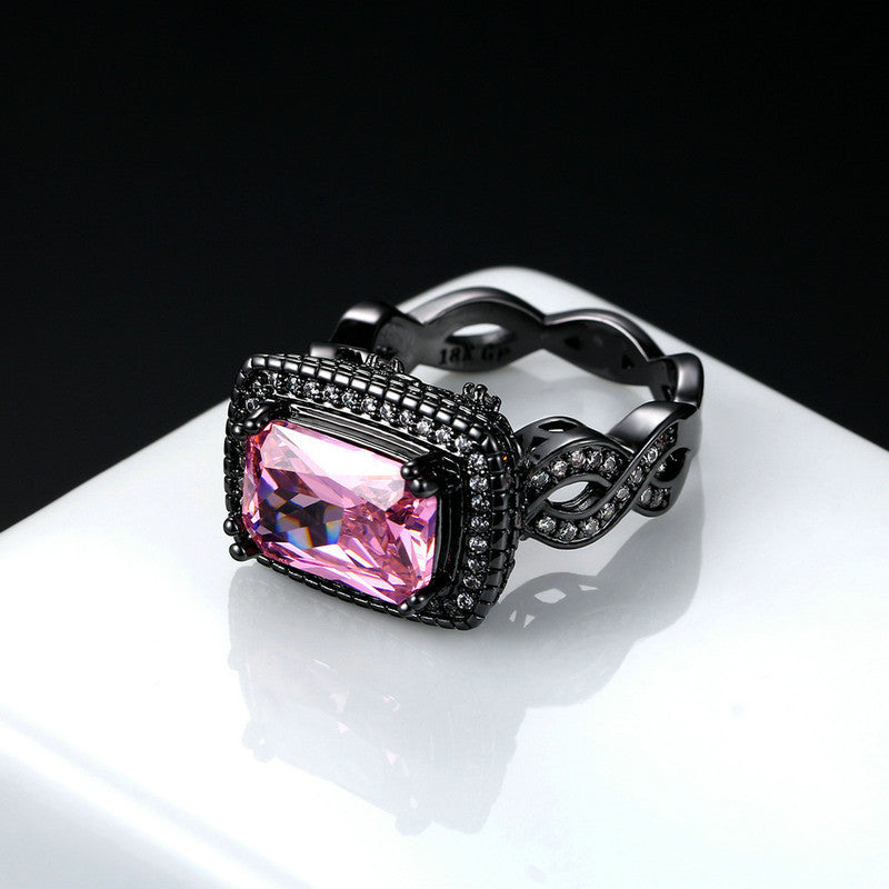 Bague Femme Zircon Rose - Ornement Boule Plaqué Or Noir Élégante