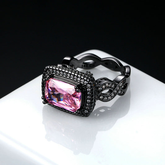 Bague Femme Zircon Rose - Ornement Boule Plaqué Or Noir Élégante