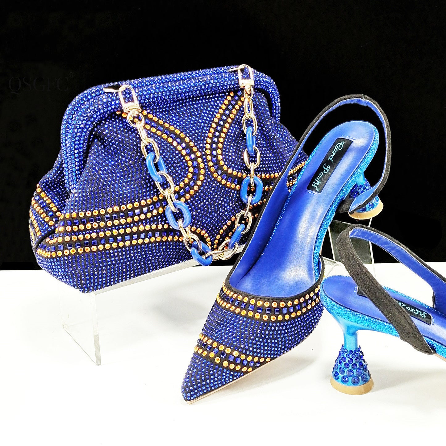 Conjunto de zapatos y bolso de punta para mujer - Tacones altos con diamantes de imitación