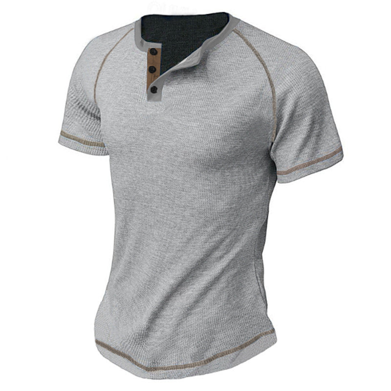 T-shirt Homme Col Rond Waffle Épais - Henley Casual Manches Courtes