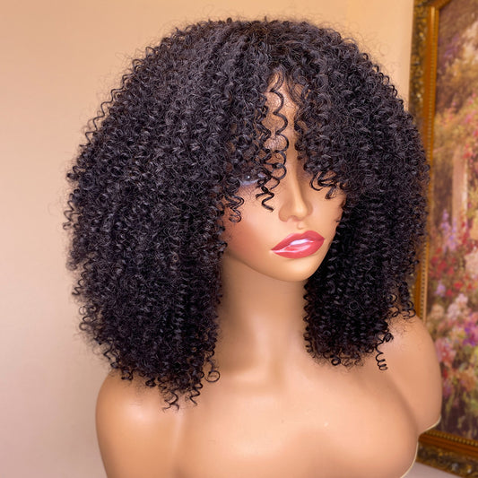 Kinky Curly Human Hair Wig with Bangs - 150% and 180% Density
