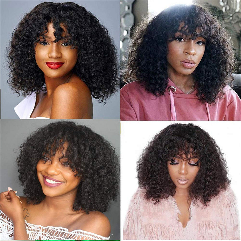 Kinky Curly Human Hair Wig with Bangs - 150% and 180% Density