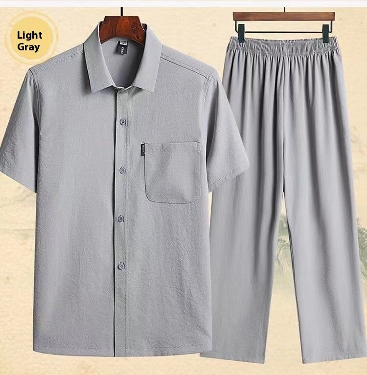 Ensemble 2 Pièces Homme Coton Glacé - Chemise et Pantalon à Poches Style Décontracté