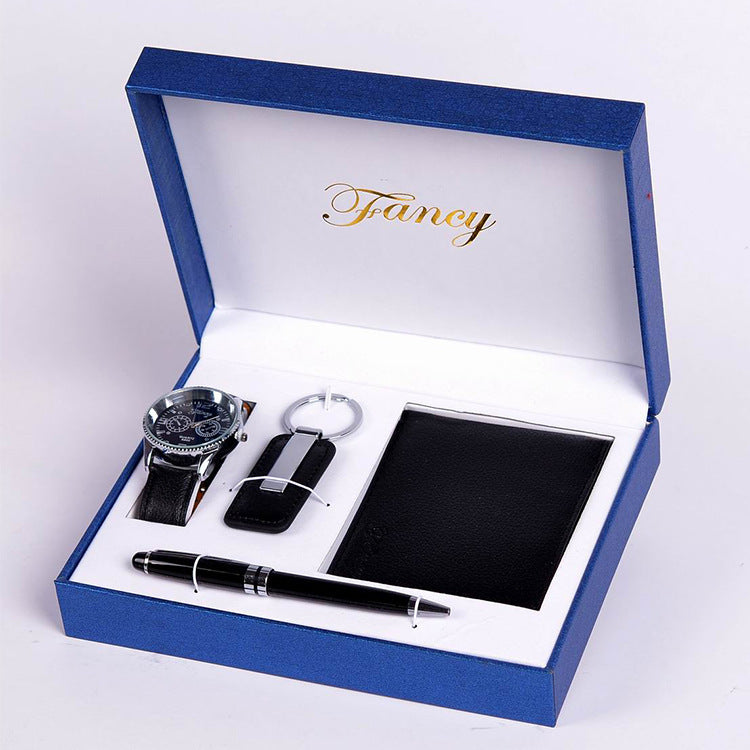 Coffret Cadeau Homme 4 Pièces - Portefeuille Montre Porte-clés Stylo Luxe Business