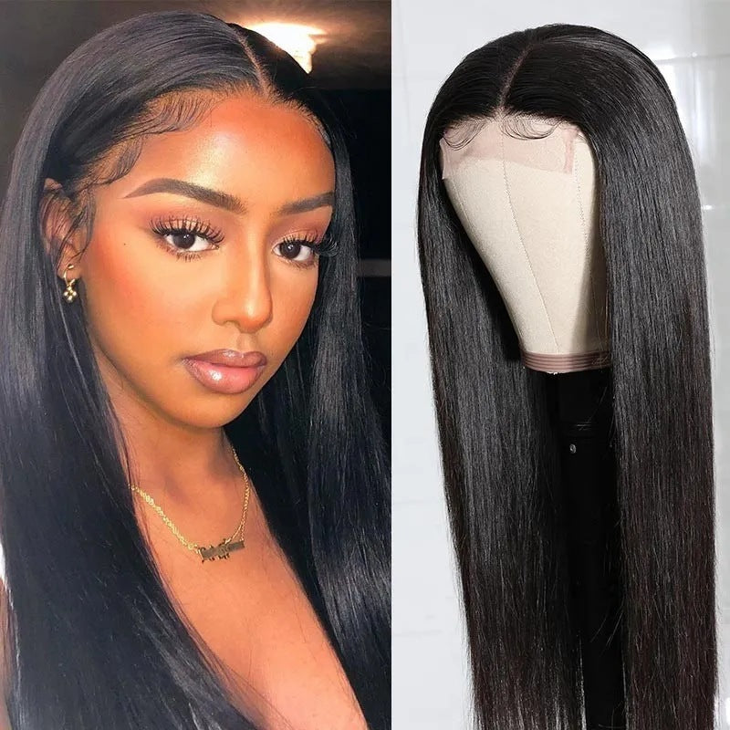 Mid-Length Straight Lace Front Wig - Natural Oblique Bangs