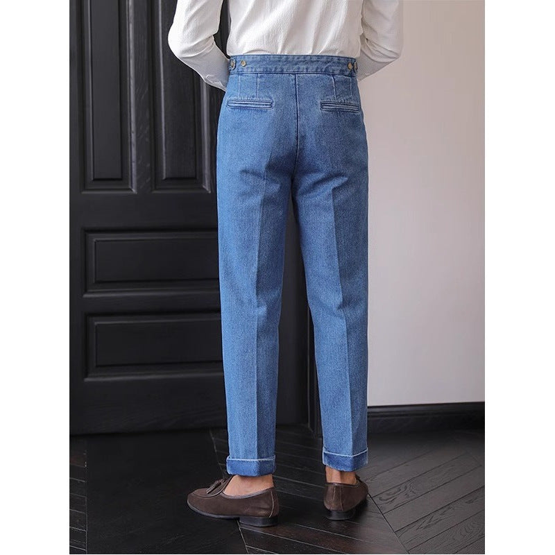 Jean Homme Taille Haute Bleu - Pantalon Droit Style Britannique