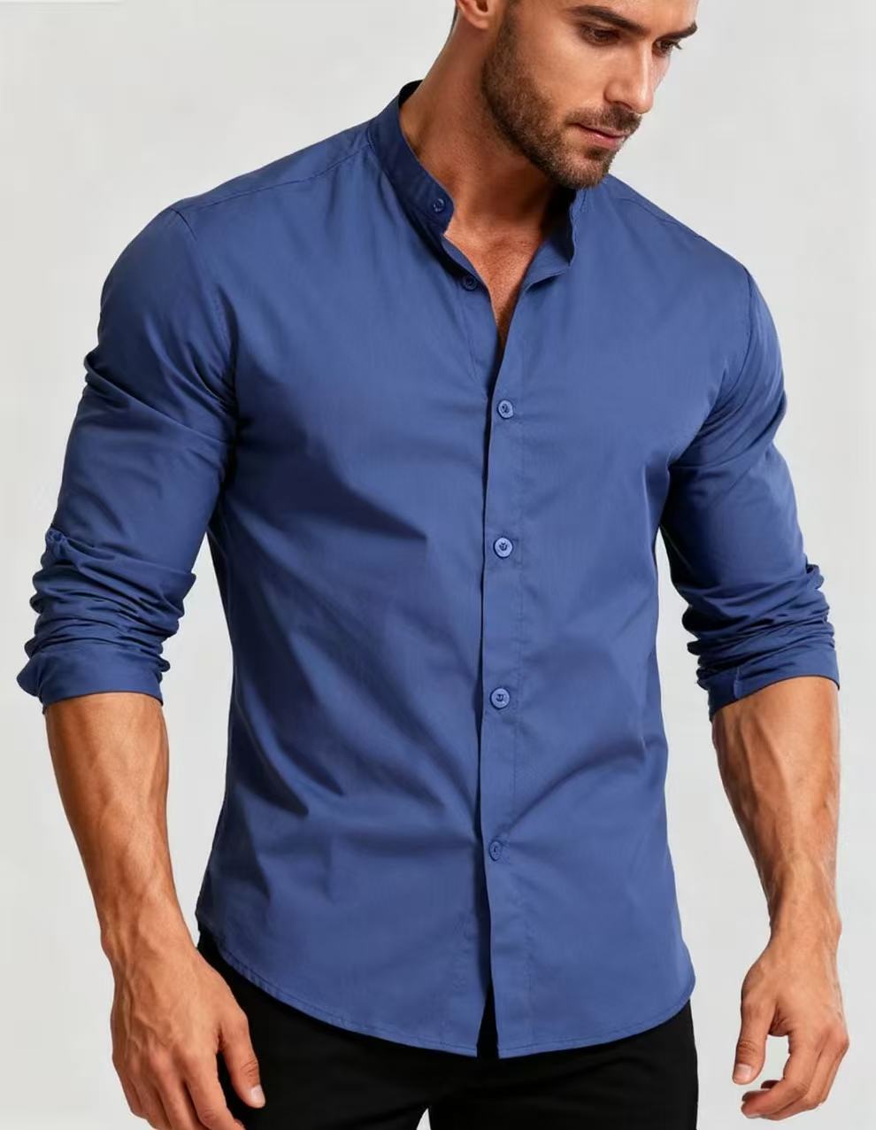 Chemise Homme Col Montant Bleu - Style Décontracté Business Casual Adolescent