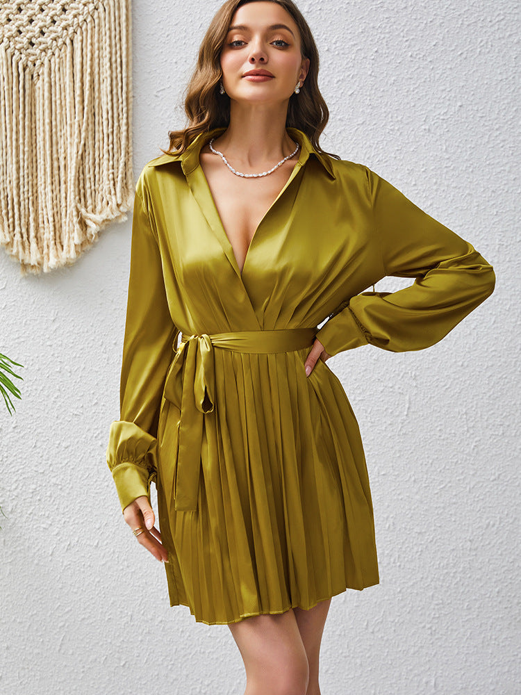 Robe Femme Plissée Lacets - Manches Longues Col V Jaune