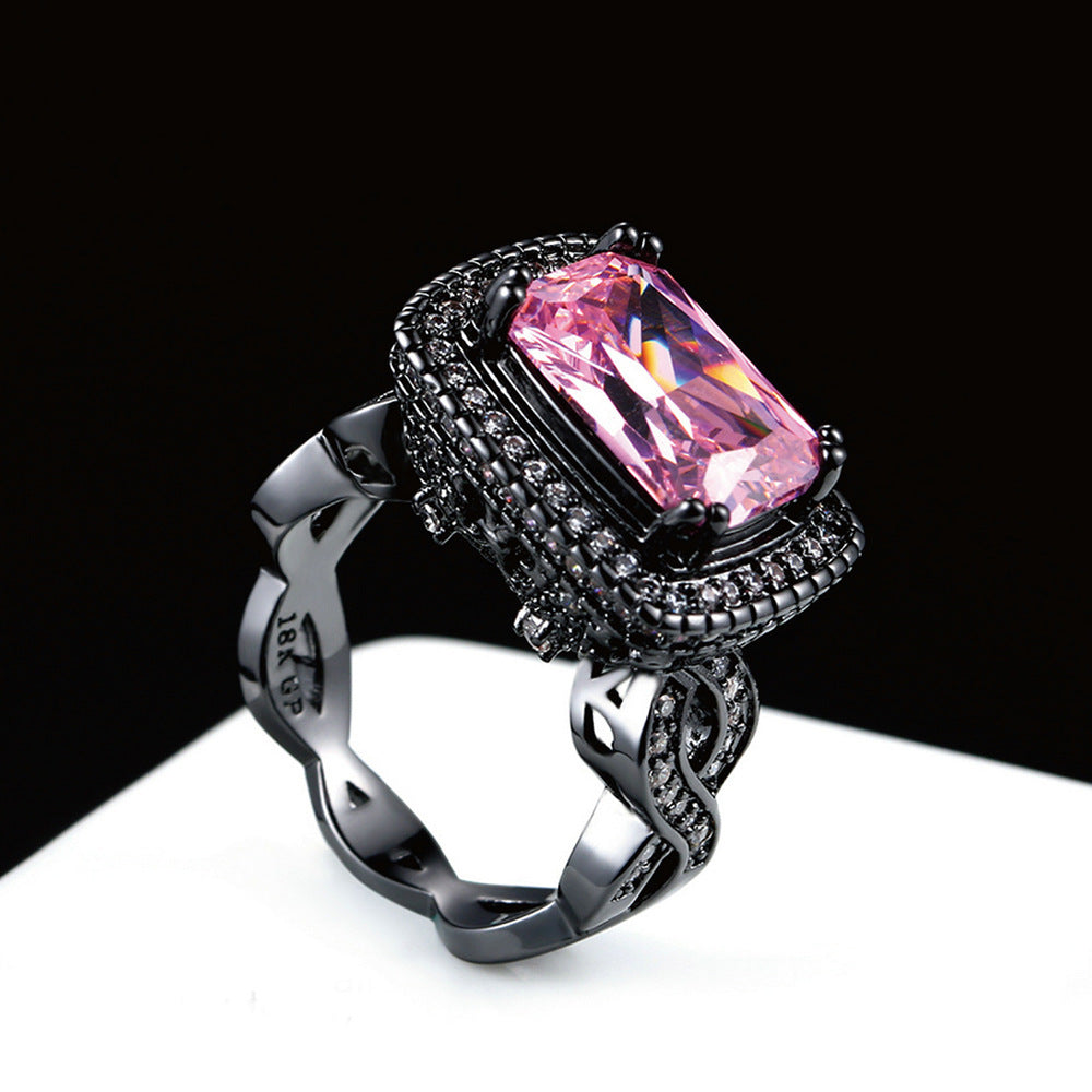 Bague Femme Zircon Rose - Ornement Boule Plaqué Or Noir Élégante