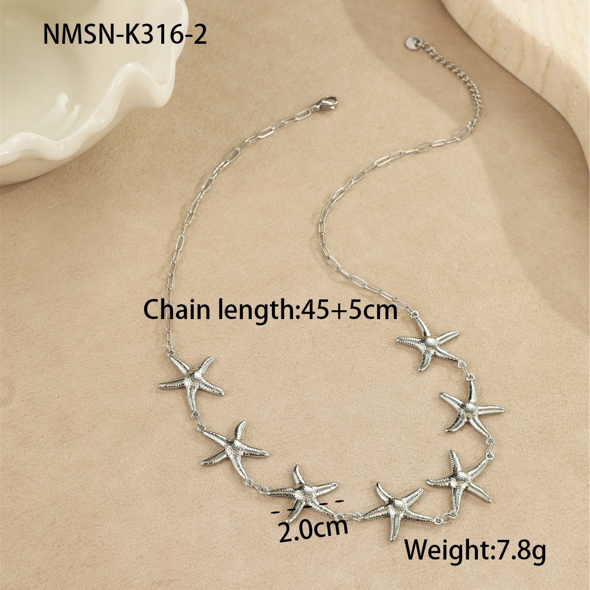 Collar de acero inoxidable de 18 g con colgantes de concha de estrella de mar
