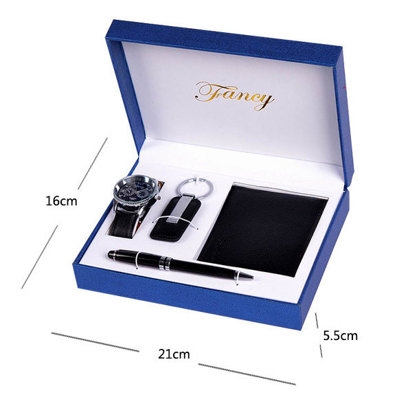 Coffret Cadeau Homme 4 Pièces - Portefeuille Montre Porte-clés Stylo Luxe Business