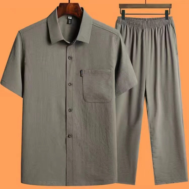 Ensemble 2 Pièces Homme Coton Glacé - Chemise et Pantalon à Poches Style Décontracté
