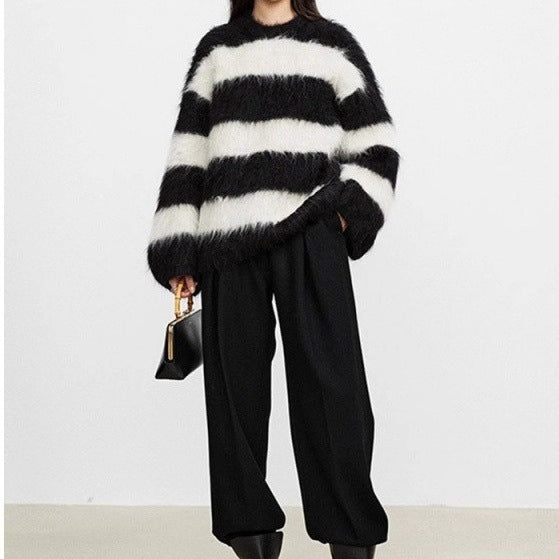Women's Striped Crew Neck Sweater - Soft Faux Mink Fur