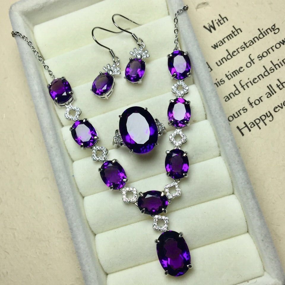 Silver Jewelry Set - Red Corundum and Amethyst