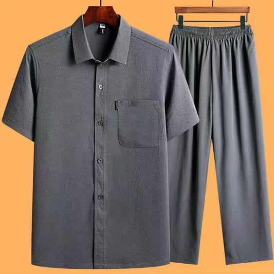 Ensemble 2 Pièces Homme Coton Glacé - Chemise et Pantalon à Poches Style Décontracté