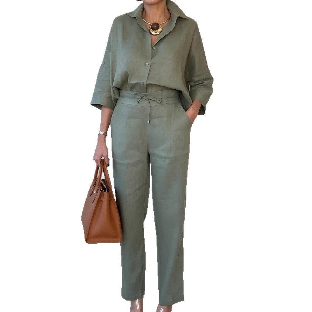 Ensemble Femme Chemise Polo Lin et Pantalon - 2 Pièces Élégant