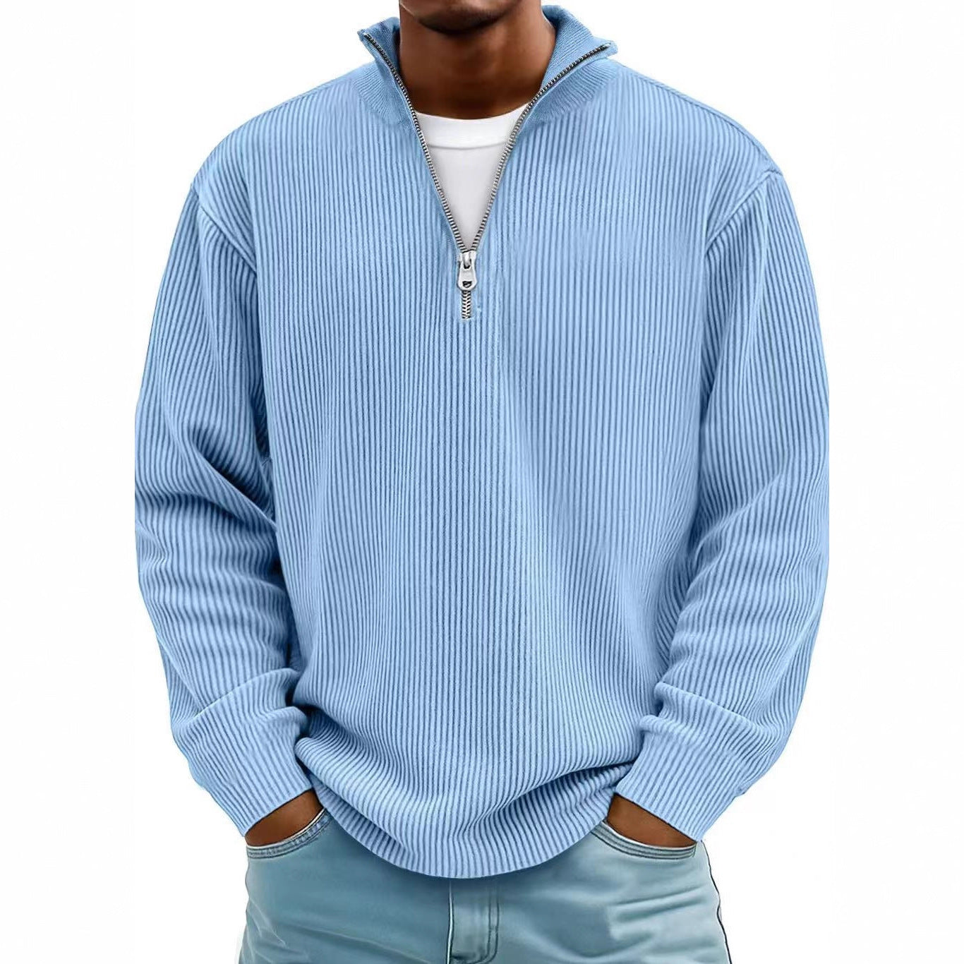 Men's Zip-Up Stand-Up Collar Corduroy Long Sleeve Sweater
