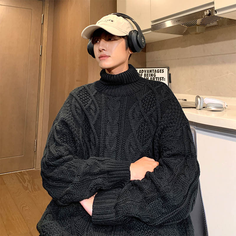 Pull Col Roulé Femme Jacquard Vert - Style Japonais Rétro Vintage Élégant