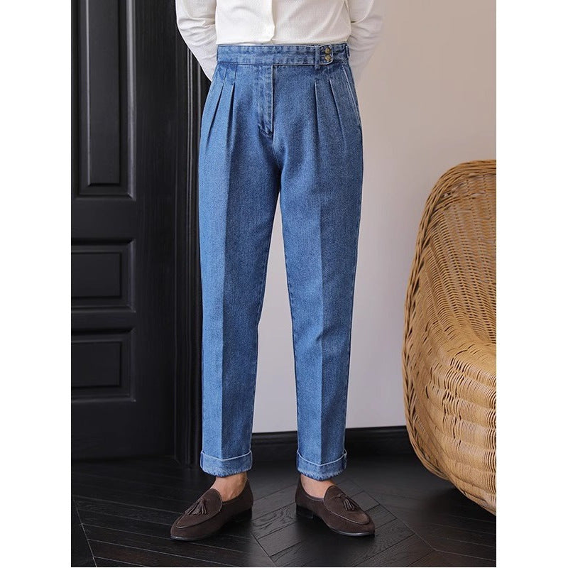 Jean Homme Taille Haute Bleu - Pantalon Droit Style Britannique