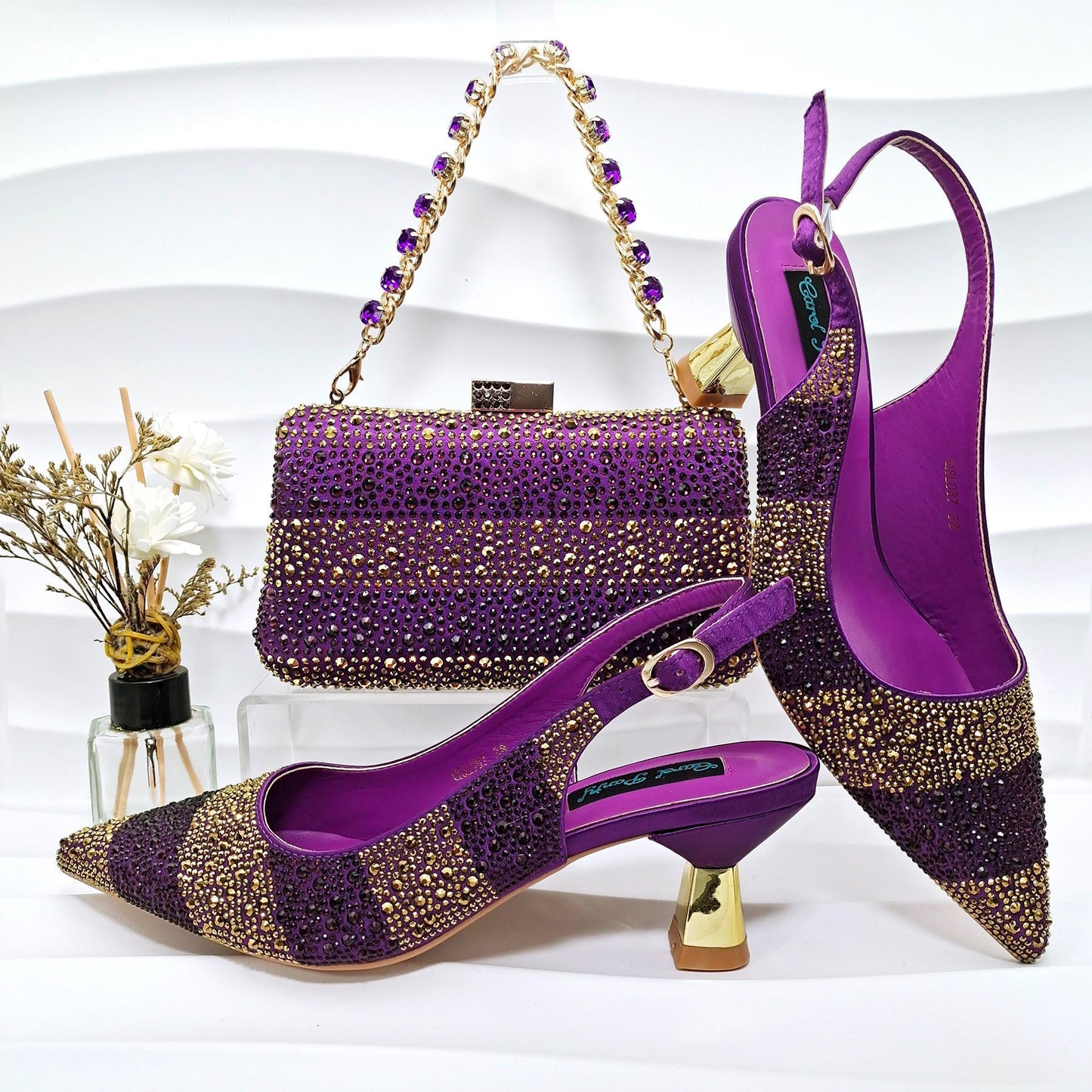 Women's Striped Rhinestone Shoes and Bag Set - Banquet High Heels