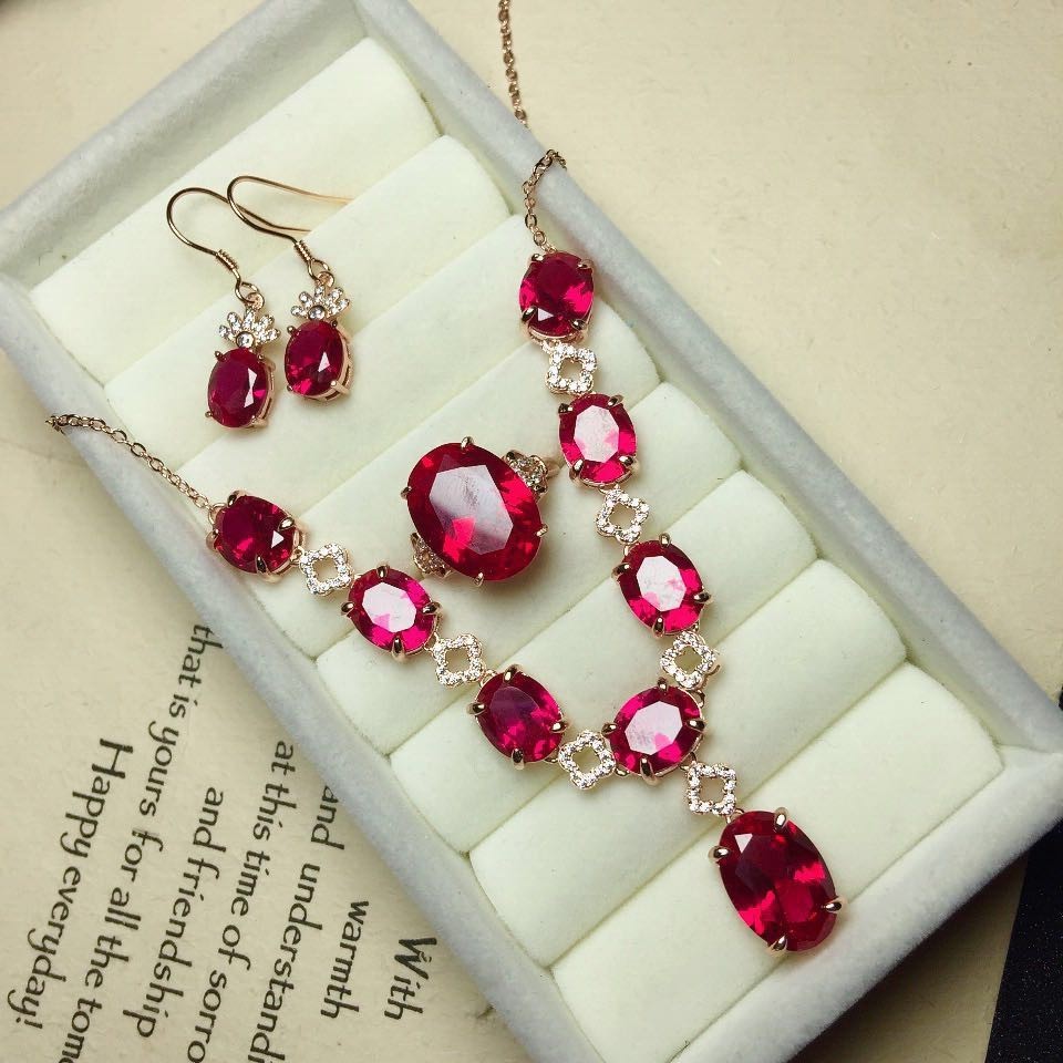 Silver Jewelry Set - Red Corundum and Amethyst