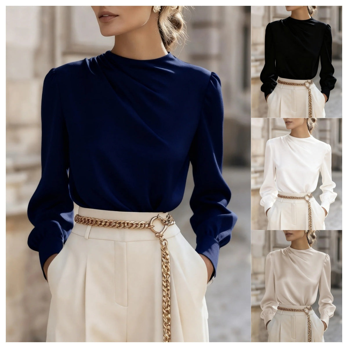Blusa de mujer con cuello alto plisado y elegantes mangas abullonadas