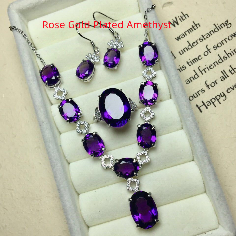 Silver Jewelry Set - Red Corundum and Amethyst