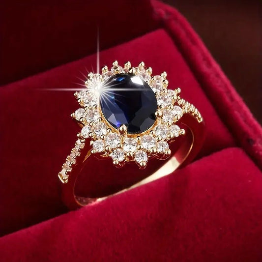 Anillo de piedra azul con incrustaciones de cobre de 18 g - Diseño floral - Tallas 6-10