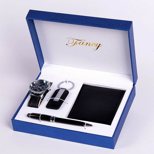 Coffret Cadeau Homme 4 Pièces - Portefeuille Montre Porte-clés Stylo Luxe Business