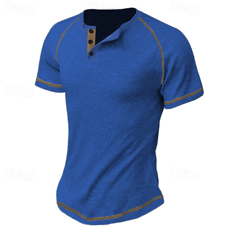 T-shirt Homme Col Rond Waffle Épais - Henley Casual Manches Courtes