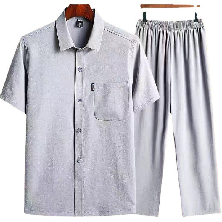 Ensemble 2 Pièces Homme Coton Glacé - Chemise et Pantalon à Poches Style Décontracté