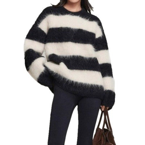 Women's Striped Crew Neck Sweater - Soft Faux Mink Fur