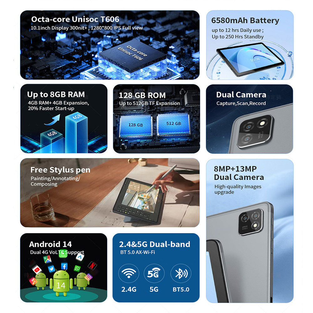 G-Tab T11 Android 14 Tablet - 10.1" 8GB RAM 128GB Dual 4G WiFi 5GHz