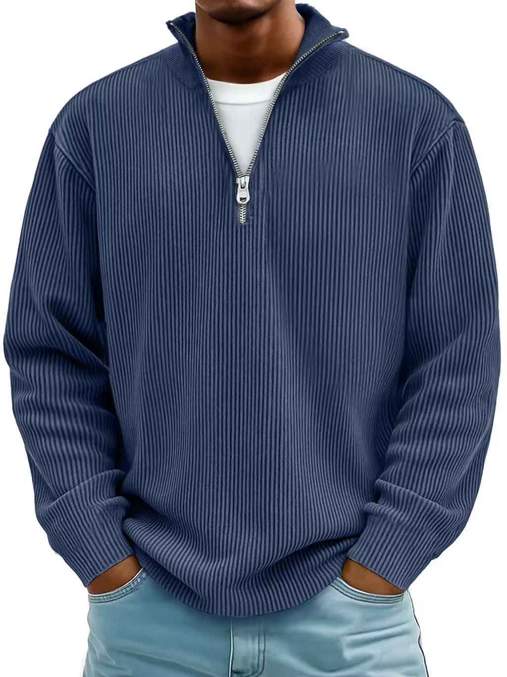 Men's Zip-Up Stand-Up Collar Corduroy Long Sleeve Sweater