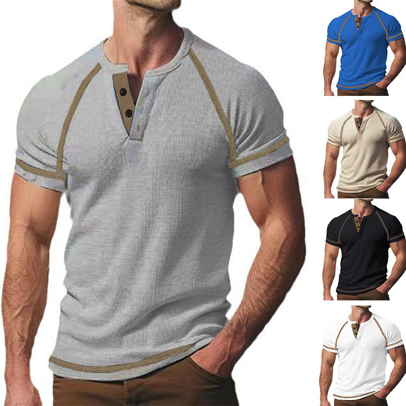 T-shirt Homme Col Rond Waffle Épais - Henley Casual Manches Courtes