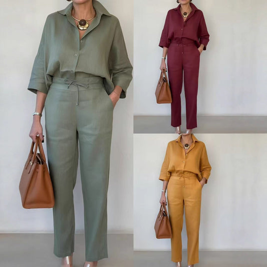 Ensemble Femme Chemise Polo Lin et Pantalon - 2 Pièces Élégant