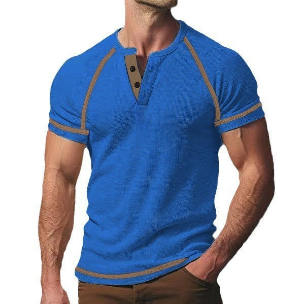 T-shirt Homme Col Rond Waffle Épais - Henley Casual Manches Courtes