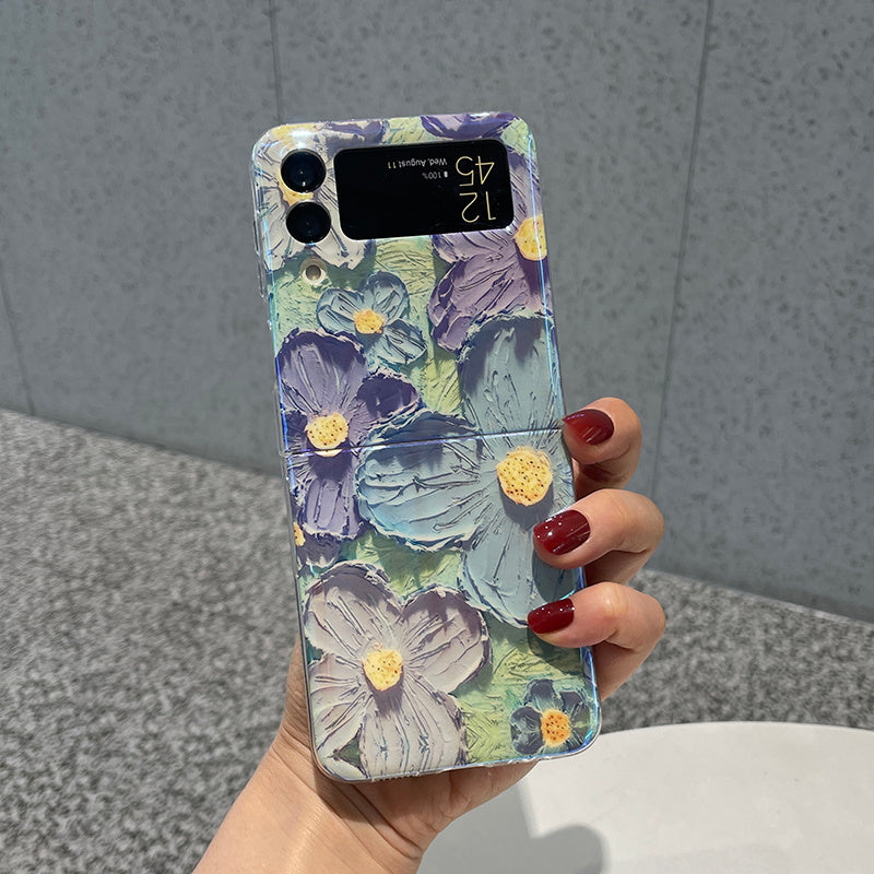 Silicone Phone Case with Oil Painting Flowers - Foldable Stand