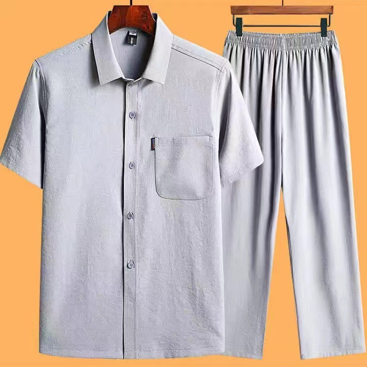 Ensemble 2 Pièces Homme Coton Glacé - Chemise et Pantalon à Poches Style Décontracté